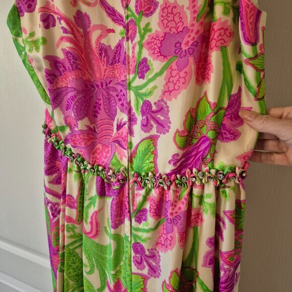 Rare Vintage 60s Malcolm Starr Silk Evening Gown | Rhinestone Detail | M–L - Picture 9 of 11